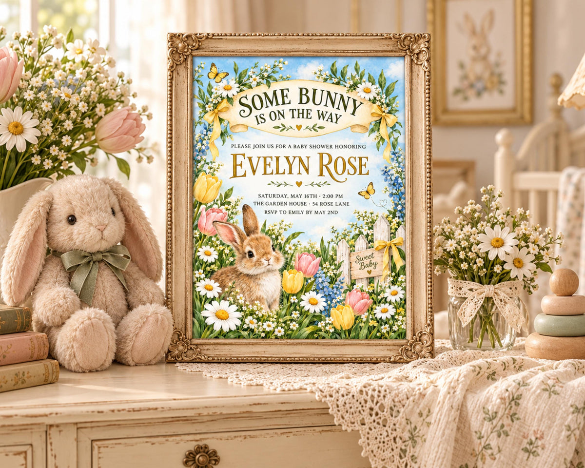 a framed baby shower invitation with a bunny theme, placed on a table surrounded by flowers and stuffed animals.