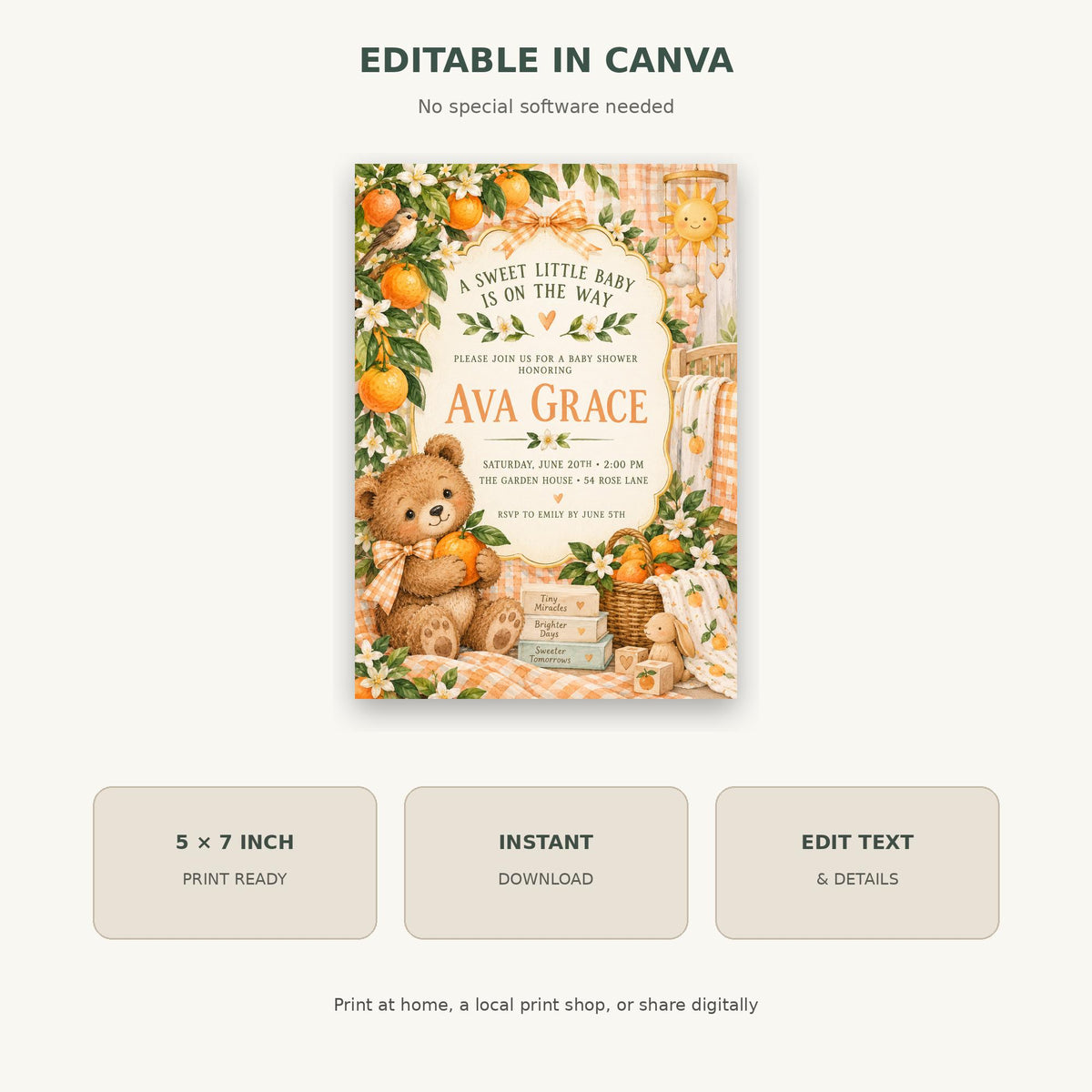 The image is a digital invitation for a baby shower, featuring a teddy bear and an orange theme.