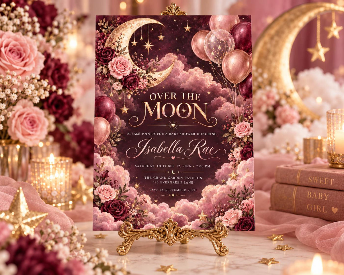 The image is a baby shower invitation featuring a moon and star theme, with pink and red flowers and balloons. The invitation is displayed on a stand, surrounded by other decorative elements such as books and candles.