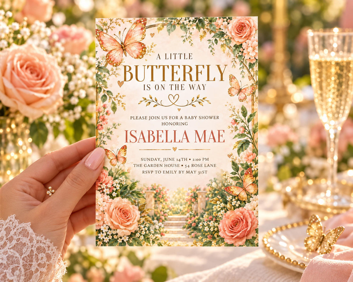 A hand holding a floral baby shower invitation with a butterfly design, surrounded by flowers and a glass of champagne.