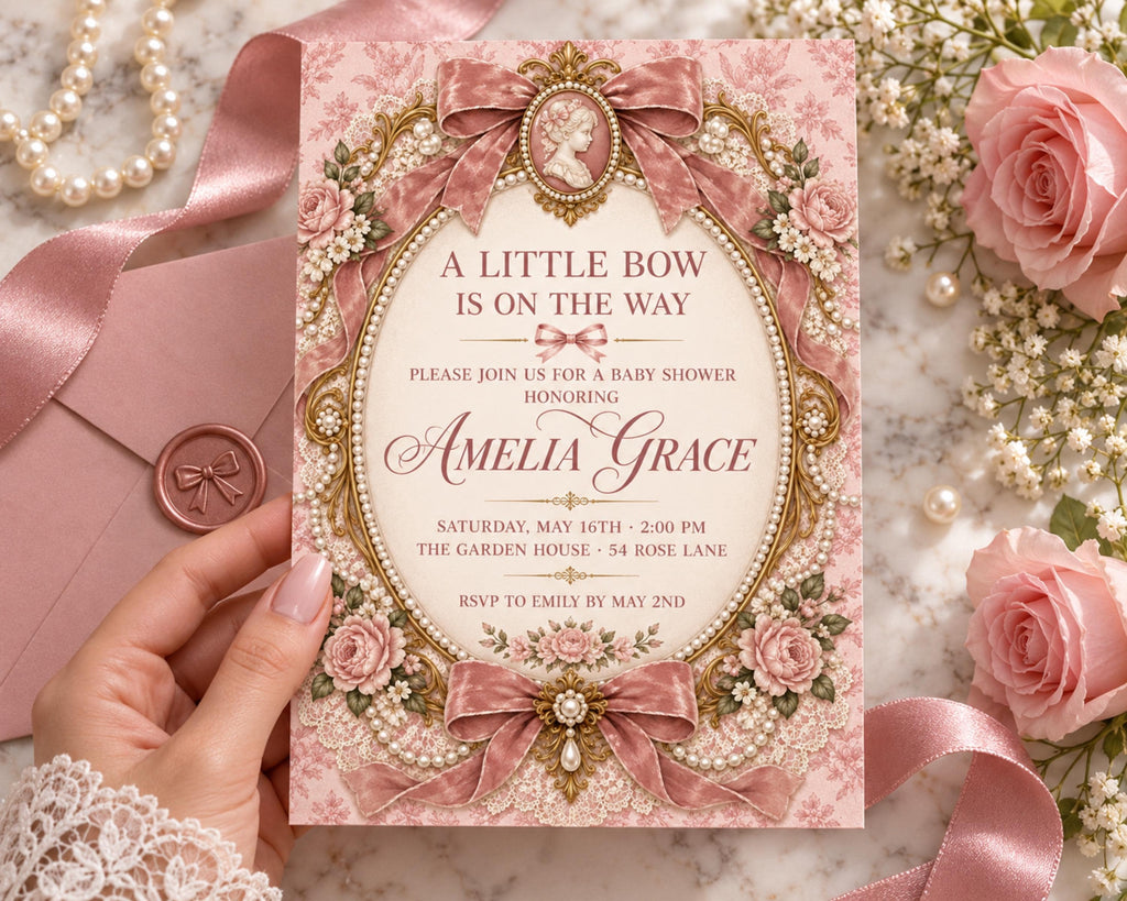 A hand holding a pink and gold invitation card with a floral design and a ribbon bow.