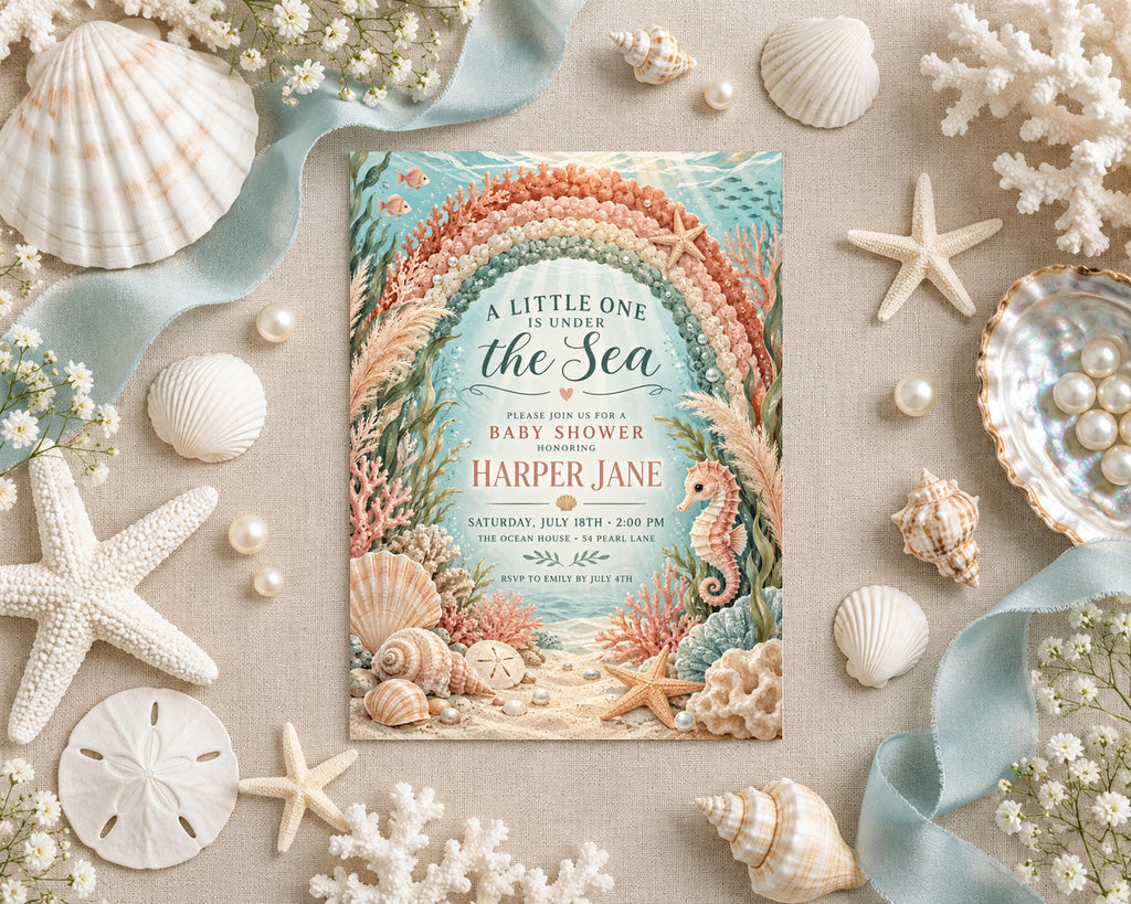 A baby shower invitation featuring a beach scene with a baby, surrounded by seashells, pearls, and starfish.