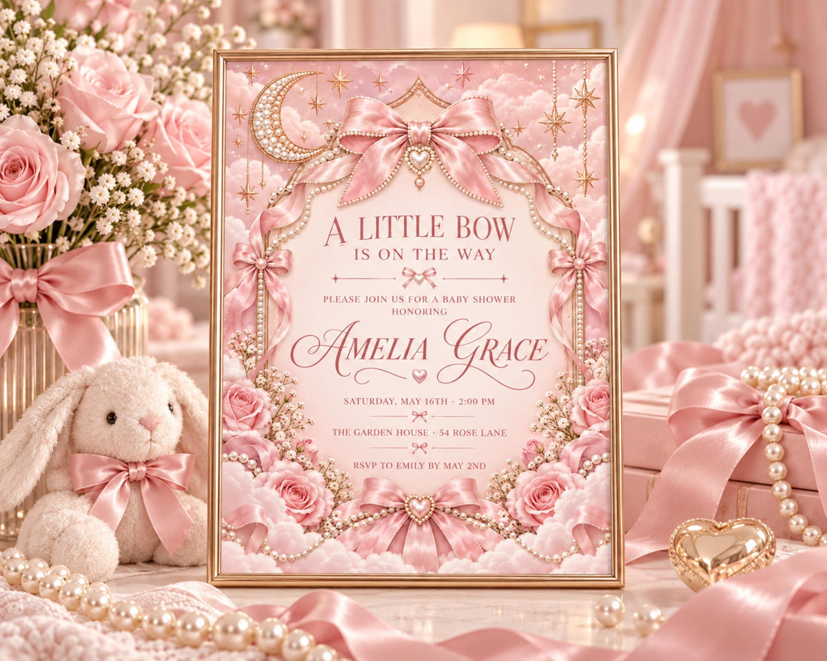 A pink and gold baby shower invitation for a baby shower for a girl named Amelia Grace, with a bunny rabbit and pink flowers in the background.