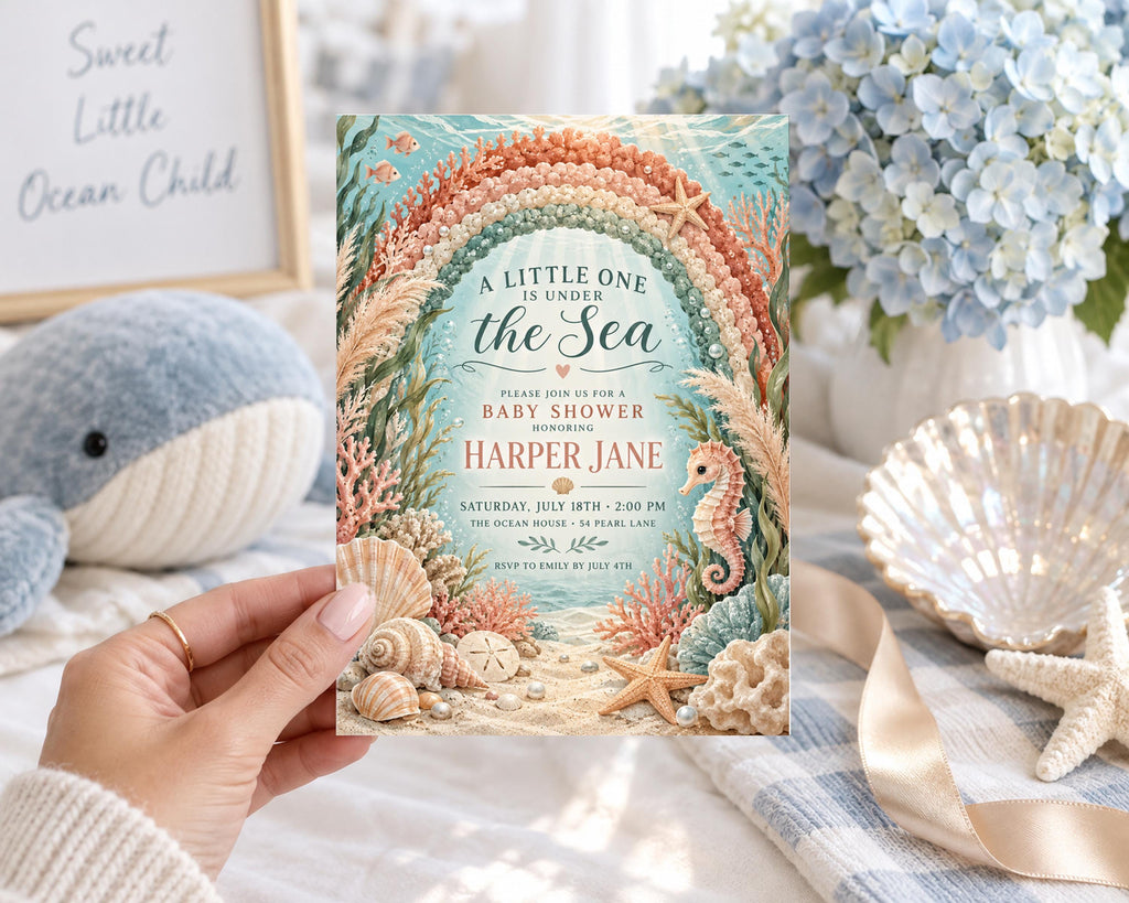 A hand holding a baby shower invitation with a colorful underwater scene design.