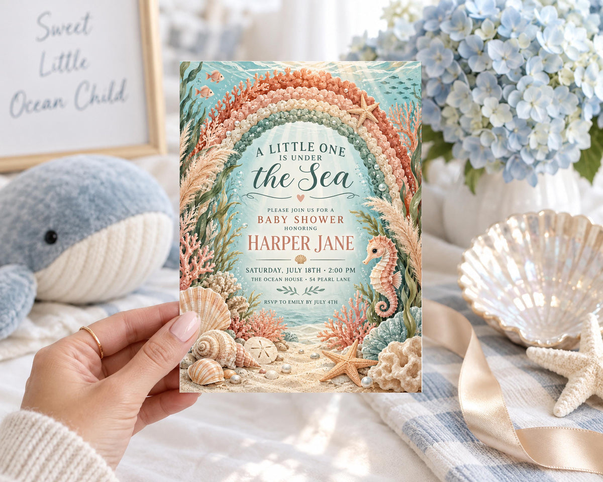A hand holding a baby shower invitation with a colorful underwater scene design.