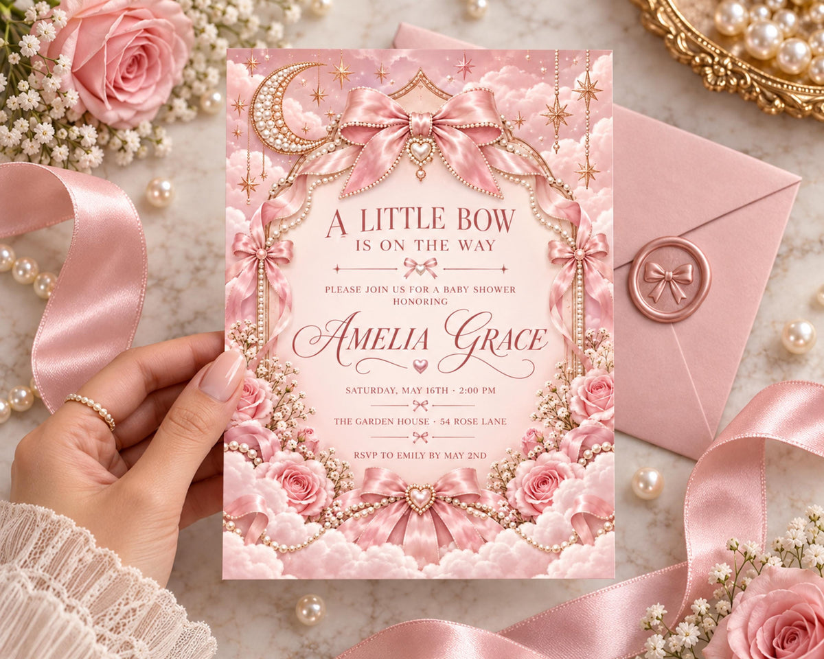 A hand holding a pink and gold invitation card with a baby shower theme, surrounded by pink flowers, pearls, and a pink envelope.