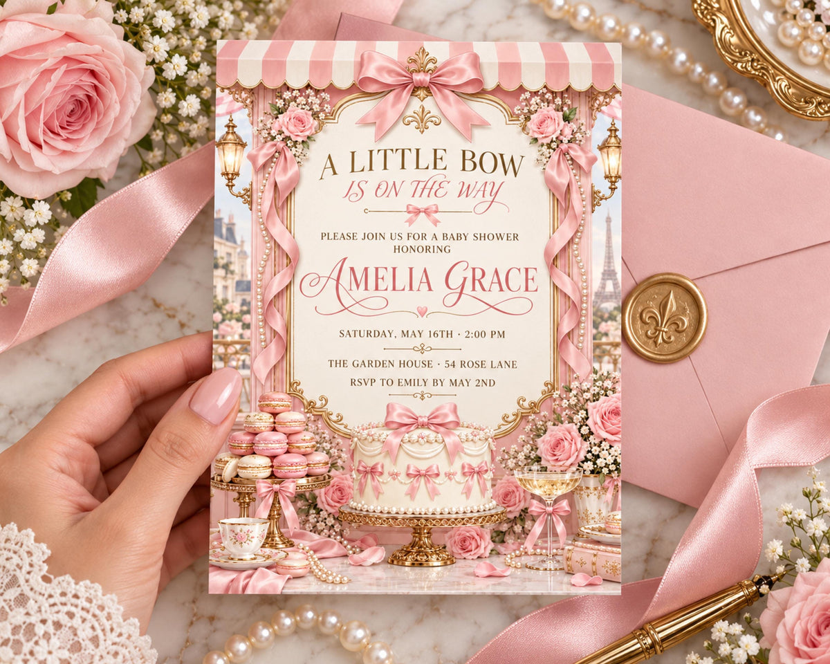 a hand holding a pink and white baby shower invitation with a decorative design and text.