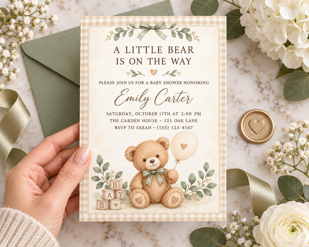 A hand holding a baby shower invitation featuring a teddy bear and floral decorations.