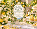 The image is a baby shower invitation featuring a scenic landscape with a path leading to a building, surrounded by flowers and lemon trees.