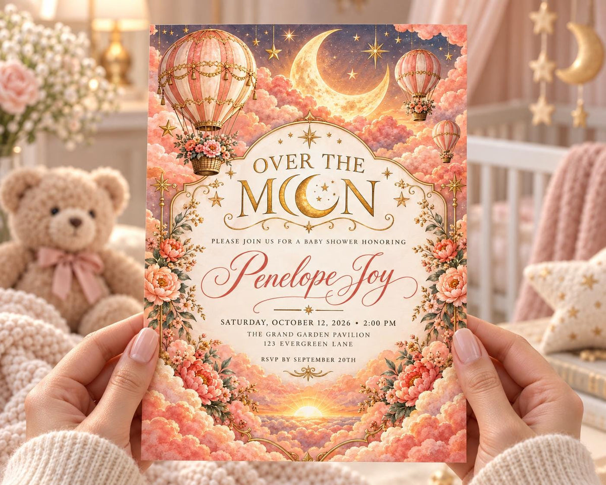 A person is holding a baby shower invitation with a moon and stars theme, featuring a teddy bear and hot air balloons.