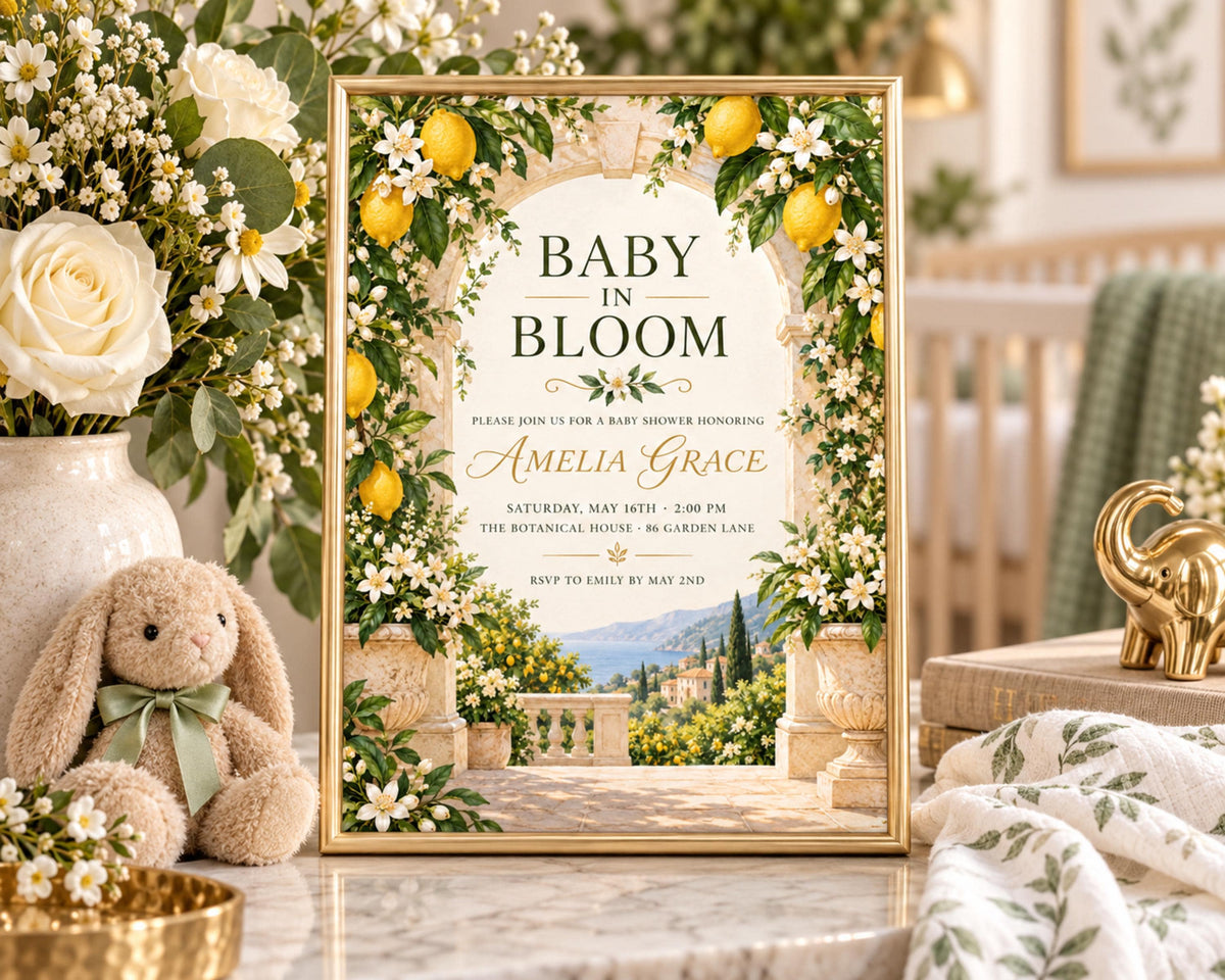 The image is a framed baby shower invitation featuring a scenic landscape with a path leading to a castle, surrounded by flowers and greenery.