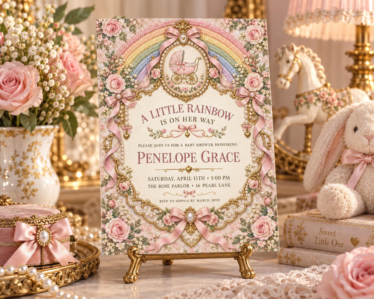 A pink and gold invitation card for a baby shower, featuring a rainbow and a baby carriage, surrounded by pink flowers, a white rabbit, and other decorative items.