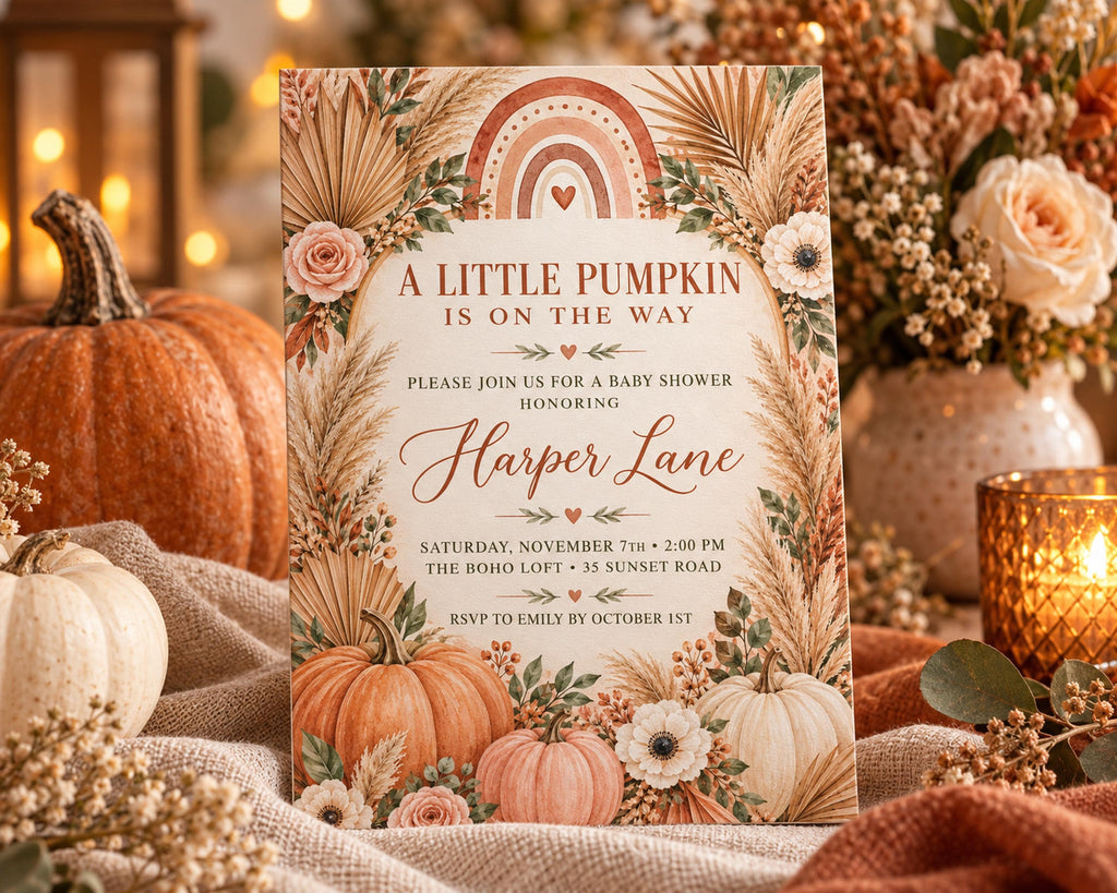 a baby shower invitation for Harper Lane, with a pumpkin and autumn-themed decorations surrounding it.