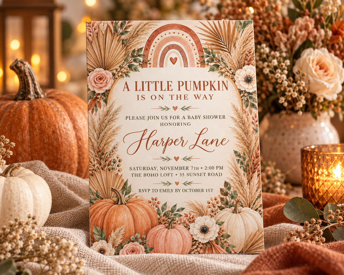 a baby shower invitation for Harper Lane, with a pumpkin and autumn-themed decorations surrounding it.