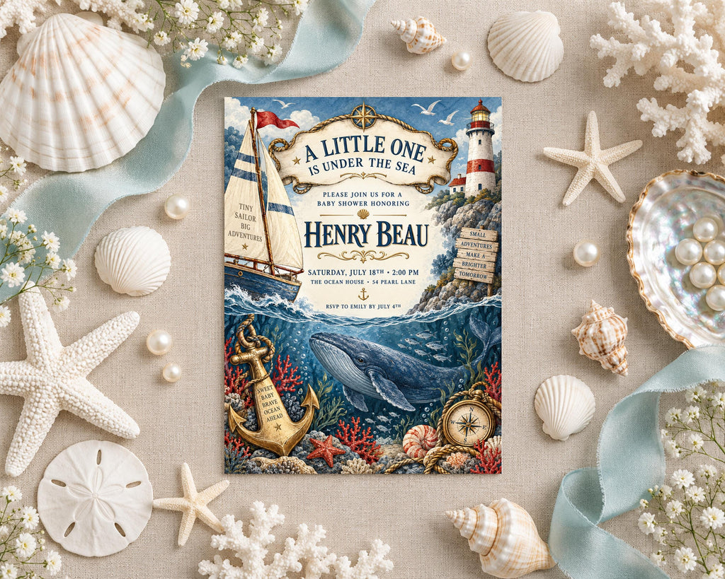 A baby shower invitation featuring a nautical theme with a lighthouse, whale, and seashells surrounding the text.