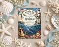 A baby shower invitation featuring a nautical theme with a lighthouse, whale, and seashells surrounding the text.