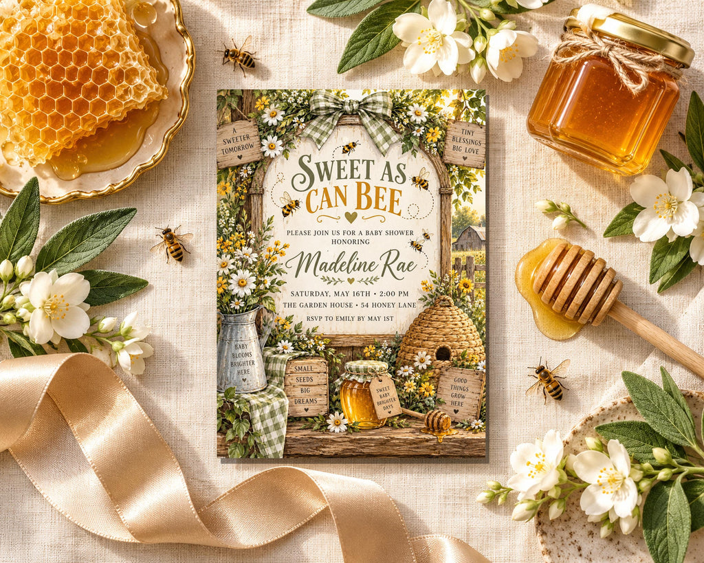 a honeycomb, honey, flowers, a honey dipper, and a honey jar, all arranged around a honeybee-themed invitation card.