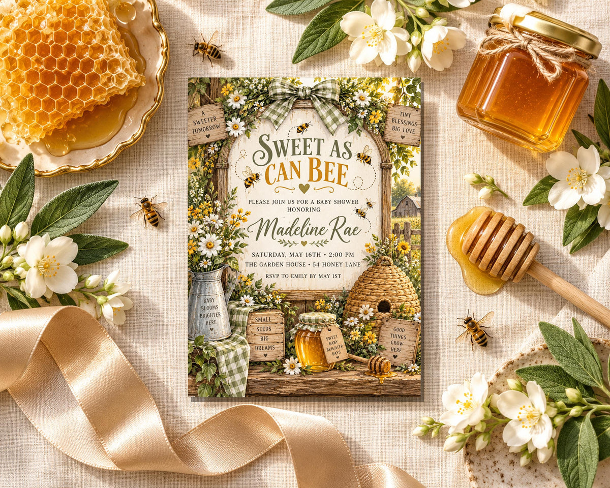 a honeycomb, honey, flowers, a honey dipper, and a honey jar, all arranged around a honeybee-themed invitation card.