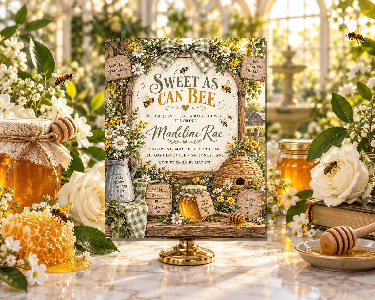 a baby shower invitation with a honeycomb design, surrounded by honeycombs, flowers, and honey jars.