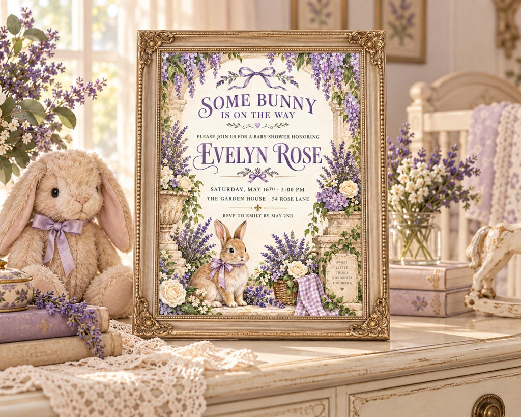 a framed baby shower invitation with a bunny theme, placed on a wooden table with a stuffed bunny and other decorative items.