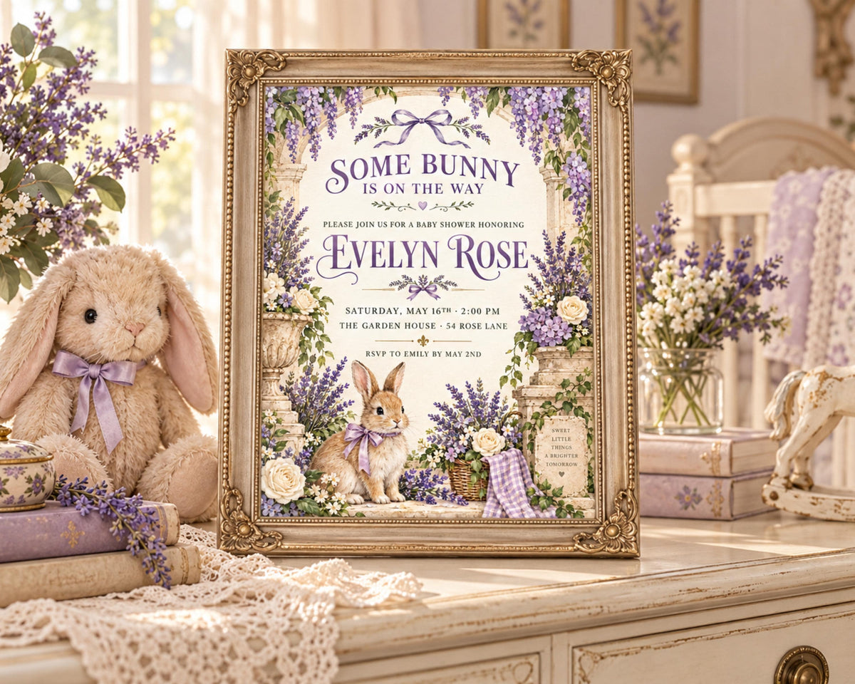 a framed baby shower invitation with a bunny theme, placed on a wooden table with a stuffed bunny and other decorative items.