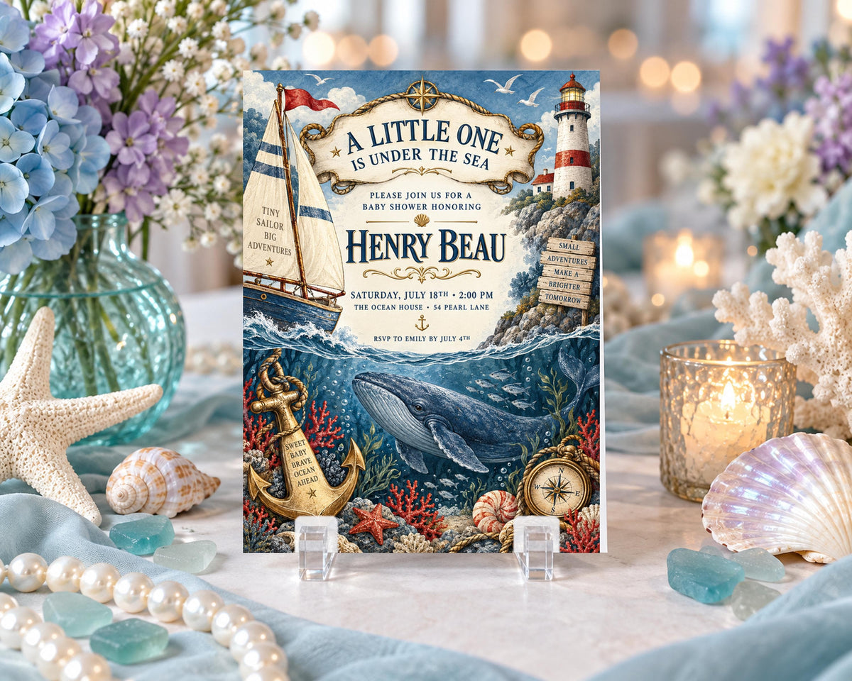 A baby shower invitation for Henry Beau's baby shower, featuring a nautical theme with a lighthouse, sailboat, whale, and seashells.