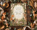 The image is a baby shower invitation featuring a woodland theme, with illustrations of animals such as foxes, deer, and rabbits, surrounded by pine cones, flowers, and other natural elements.