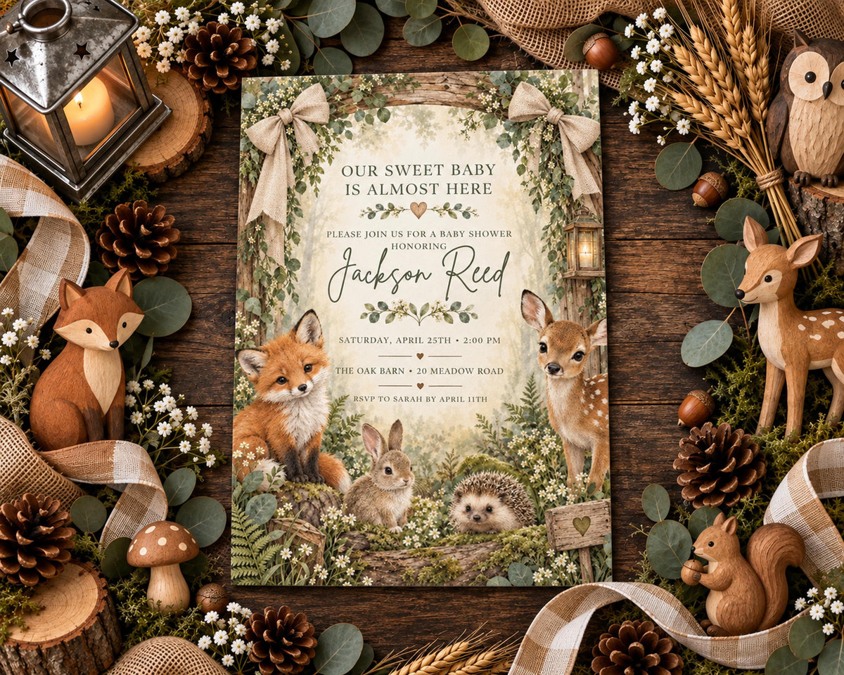 The image is a baby shower invitation featuring a woodland theme, with illustrations of animals such as foxes, deer, and rabbits, surrounded by pine cones, flowers, and other natural elements.