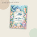 The image is an editable baby shower invitation featuring a whimsical underwater theme with illustrations of a whale, seahorse, and octopus.