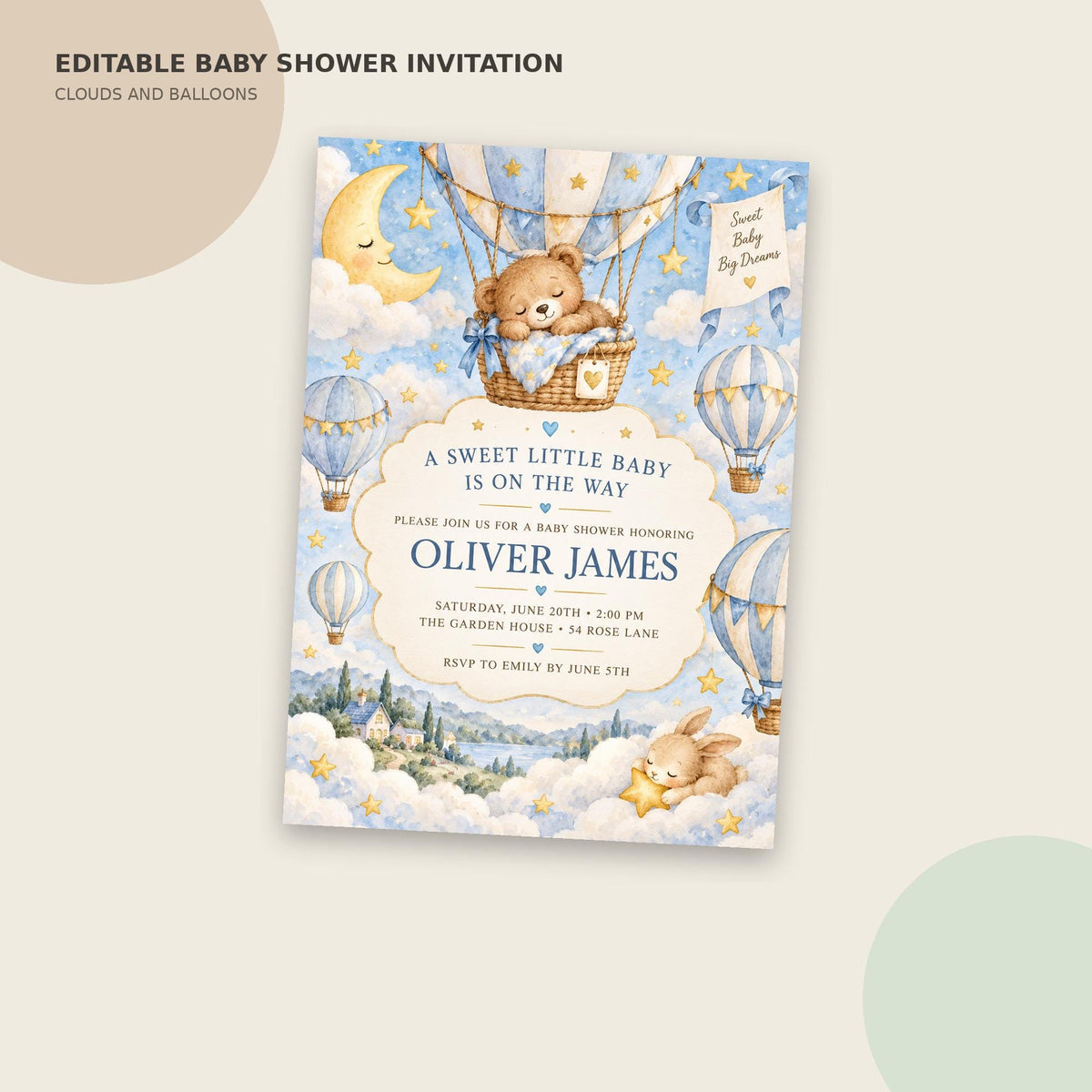 The image is a baby shower invitation featuring a whimsical and charming design with clouds, balloons, and a teddy bear.