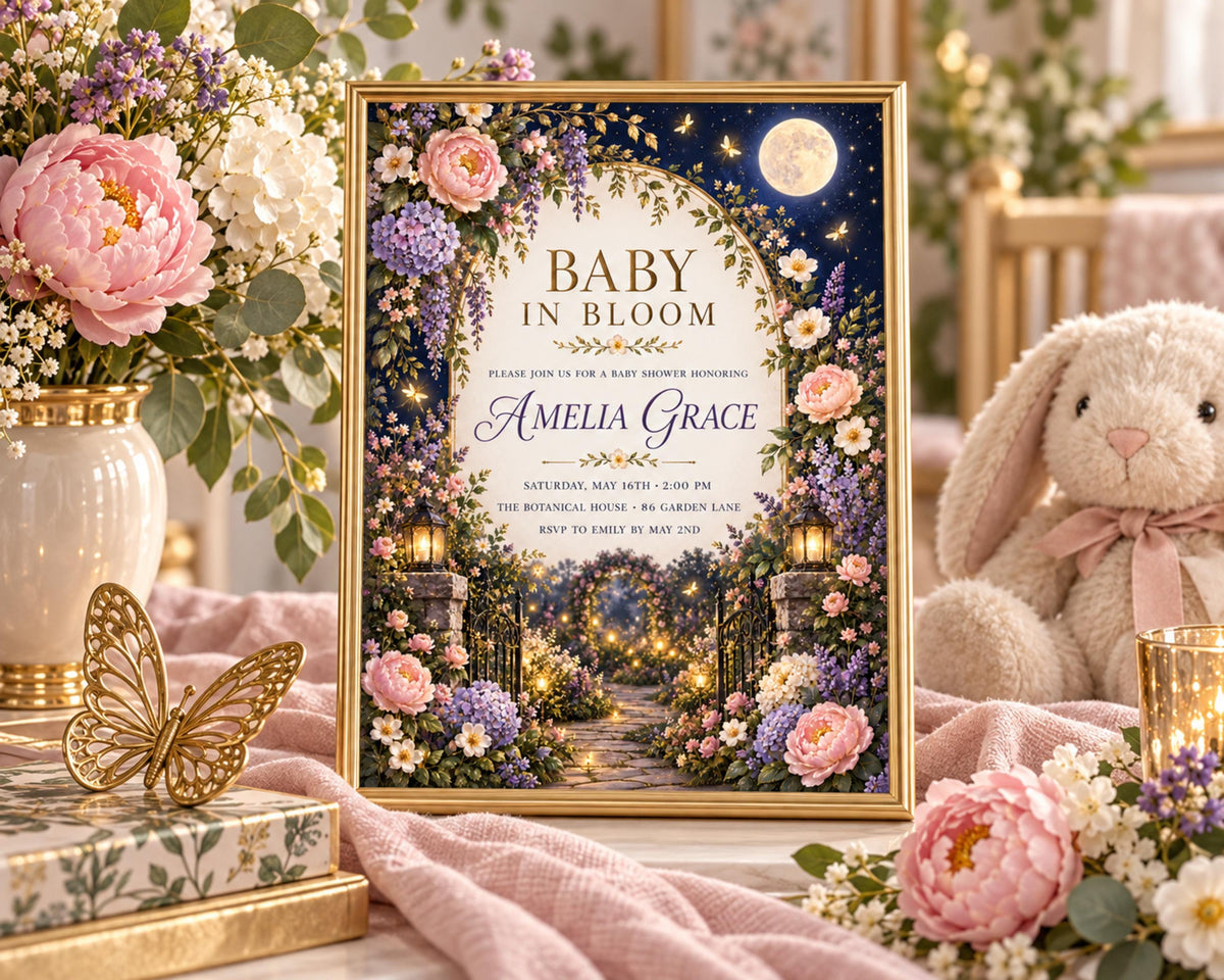 a framed baby shower invitation with a garden scene and a stuffed rabbit on a pink blanket.