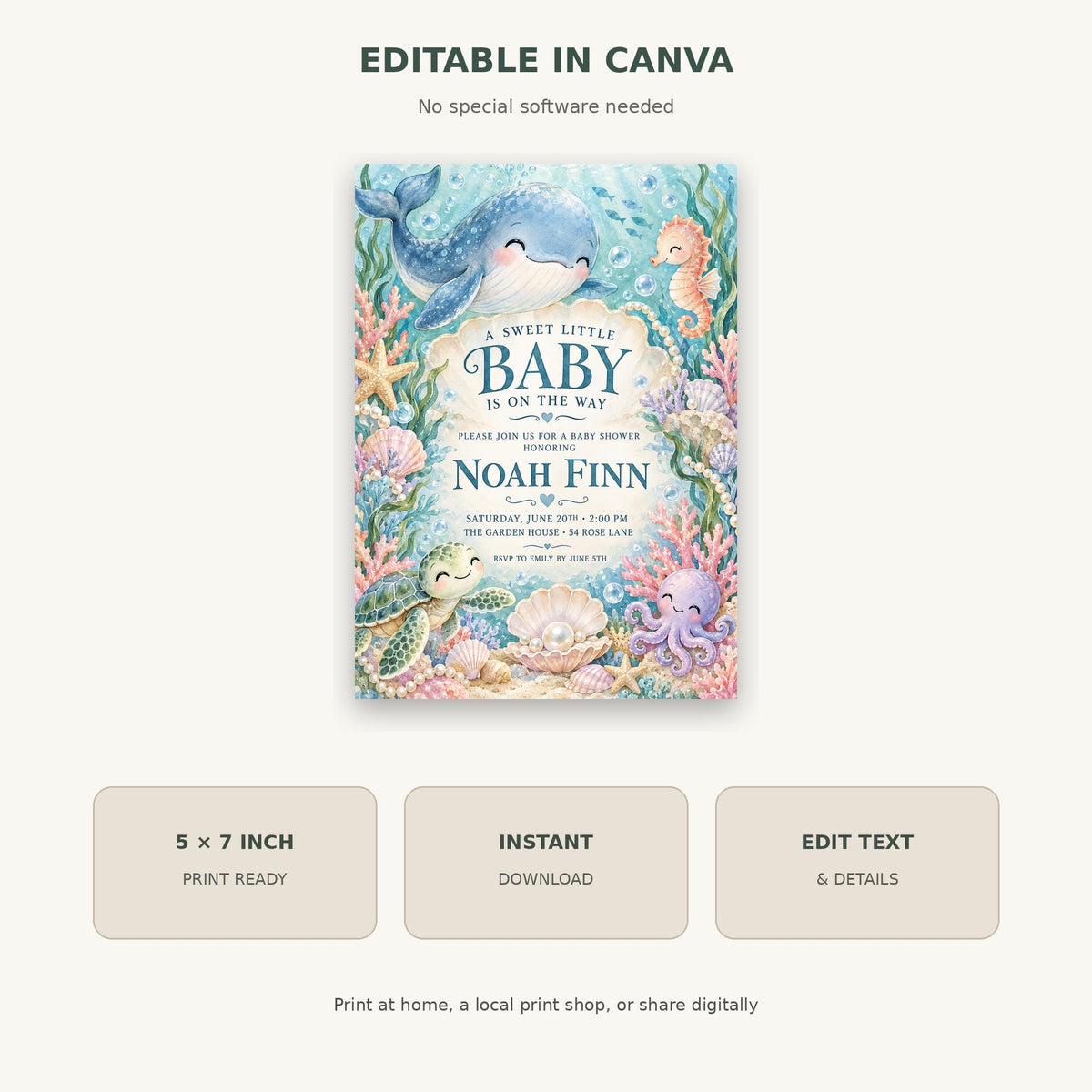 The image is a colorful invitation card for a baby shower, featuring illustrations of marine life such as a whale, seahorse, and octopus.