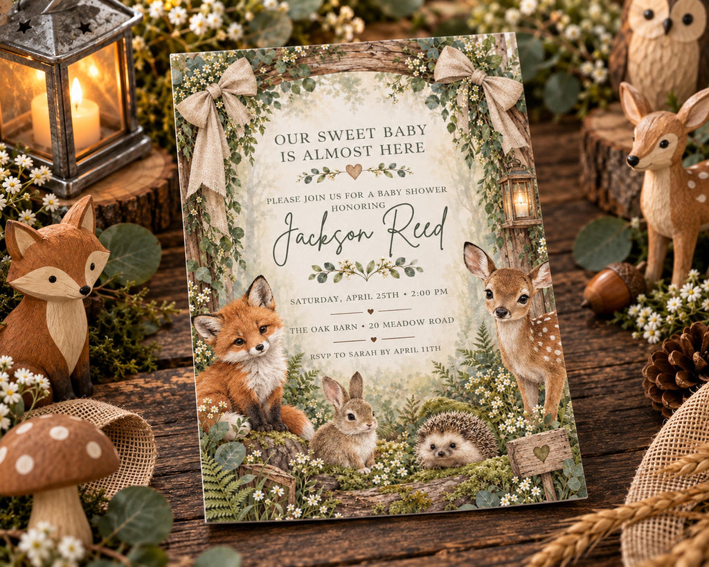The image is a baby shower invitation featuring a forest theme with illustrations of various woodland animals, including a fox, rabbit, hedgehog, and deer.