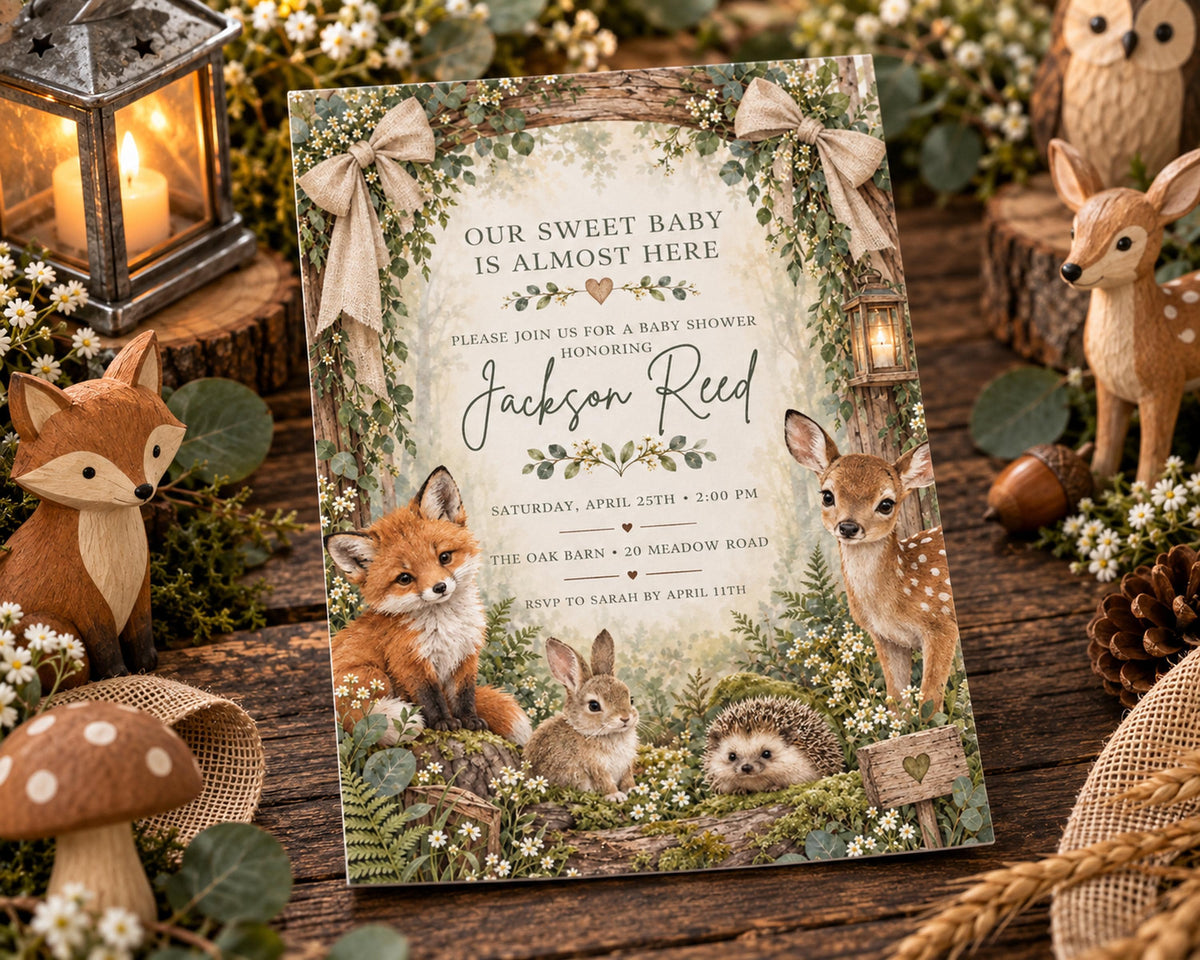 The image is a baby shower invitation featuring a forest theme with illustrations of various woodland animals, including a fox, rabbit, hedgehog, and deer.
