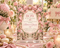 A beautifully decorated baby shower invitation with pink and white floral designs, featuring a garden scene and a baby's face.
