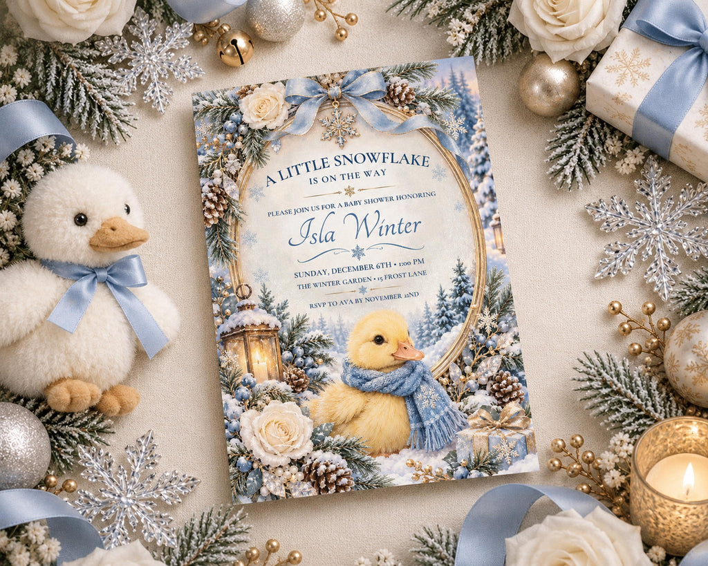 A baby shower invitation featuring a snowy scene with a yellow duck, surrounded by Christmas decorations and gifts.