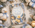 A baby shower invitation featuring a snowy scene with a yellow duck, surrounded by Christmas decorations and gifts.