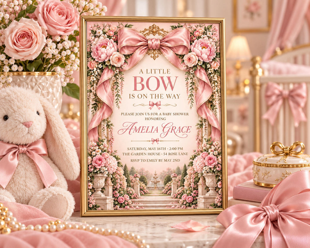 A pink and white baby shower invitation for a baby shower for a girl named Amelia Grace, featuring a garden scene with a fountain and flowers.
