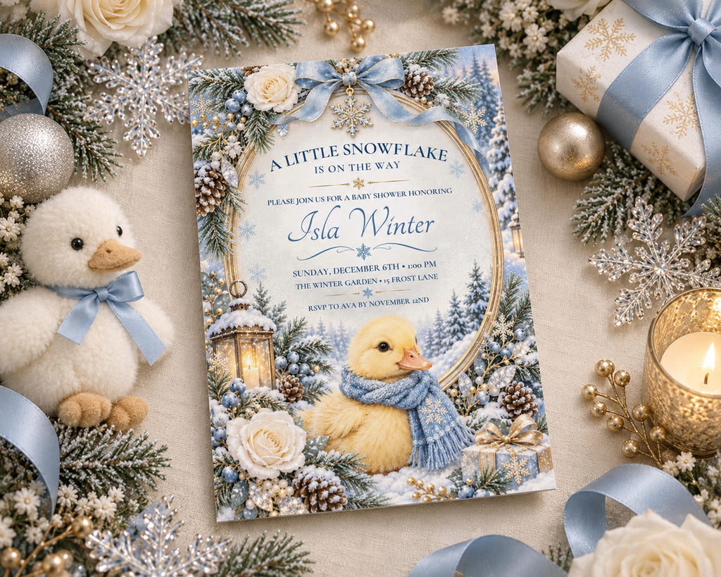 A baby shower invitation for "Isla Winter" with a snowy winter scene and a cute duck, surrounded by holiday decorations such as snowflakes, pine cones, and a candle.