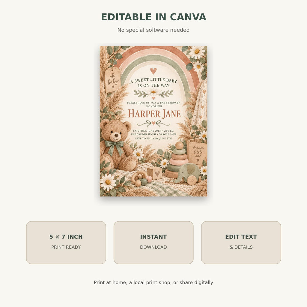 The image is a birthday invitation for Harper Jane, featuring a teddy bear and a garden scene with flowers and a rainbow.