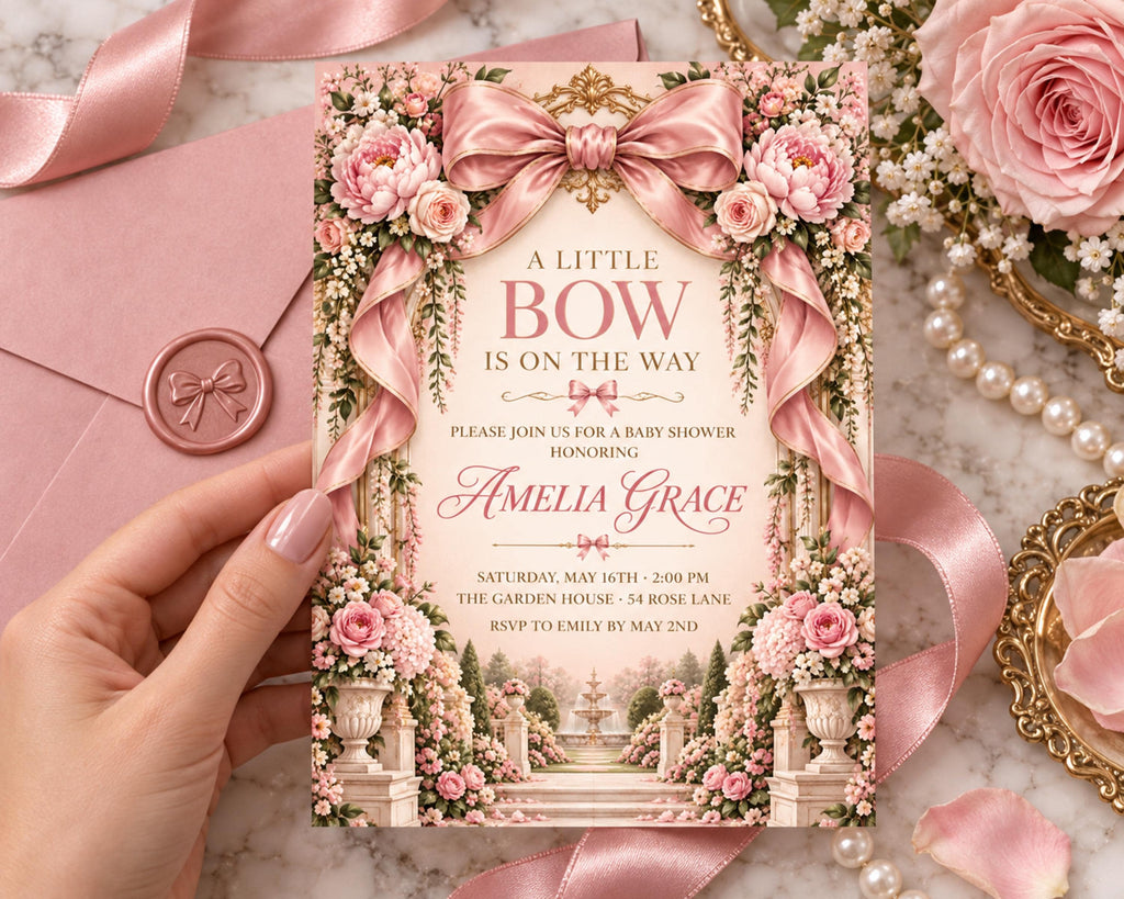A hand holding a pink invitation card with a floral design, surrounded by pink ribbons, pearls, and a pink envelope.