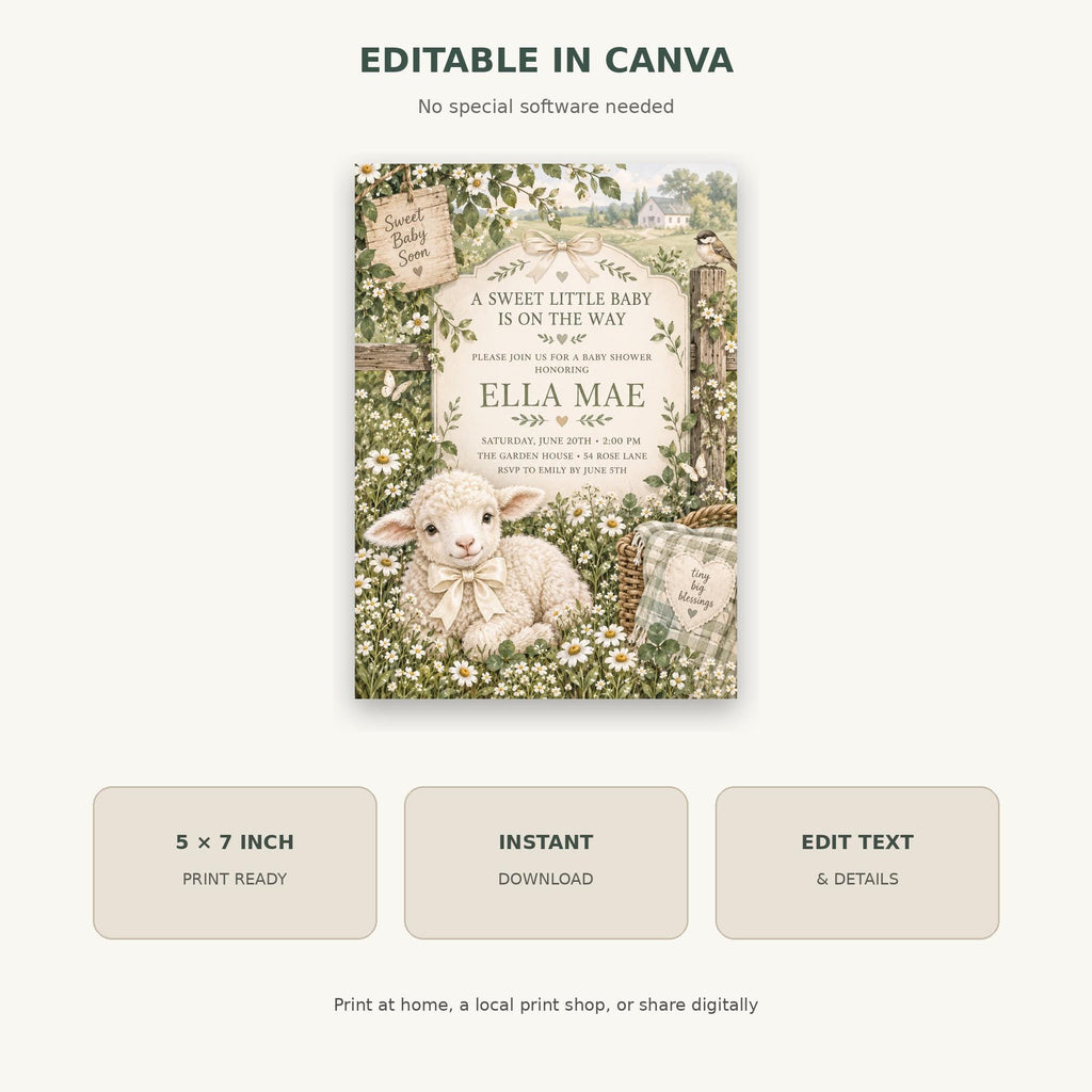 The image is a digital invitation for a baby shower, featuring a sheep surrounded by flowers and greenery.
