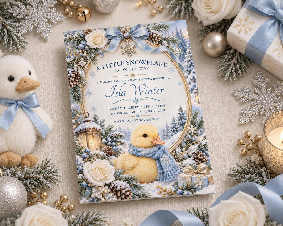 A baby shower invitation for "Isla Winter" with a winter theme, featuring a snowy landscape, a yellow duck, and various holiday decorations such as snowflakes, ornaments, and a candle.