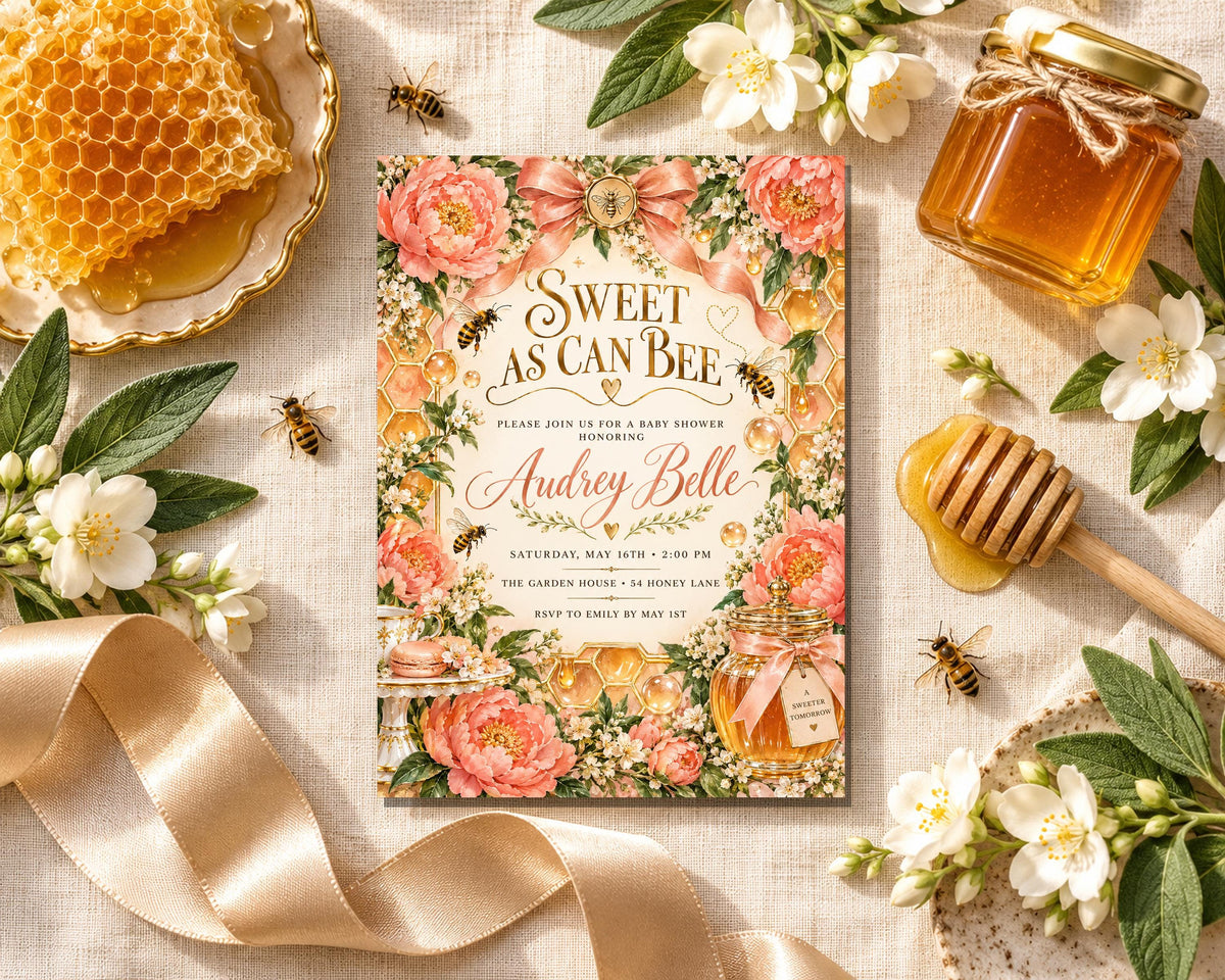 a floral baby shower invitation with honeycomb and flowers, honey, and a honey dipper, along with some honey jars and a ribbon.