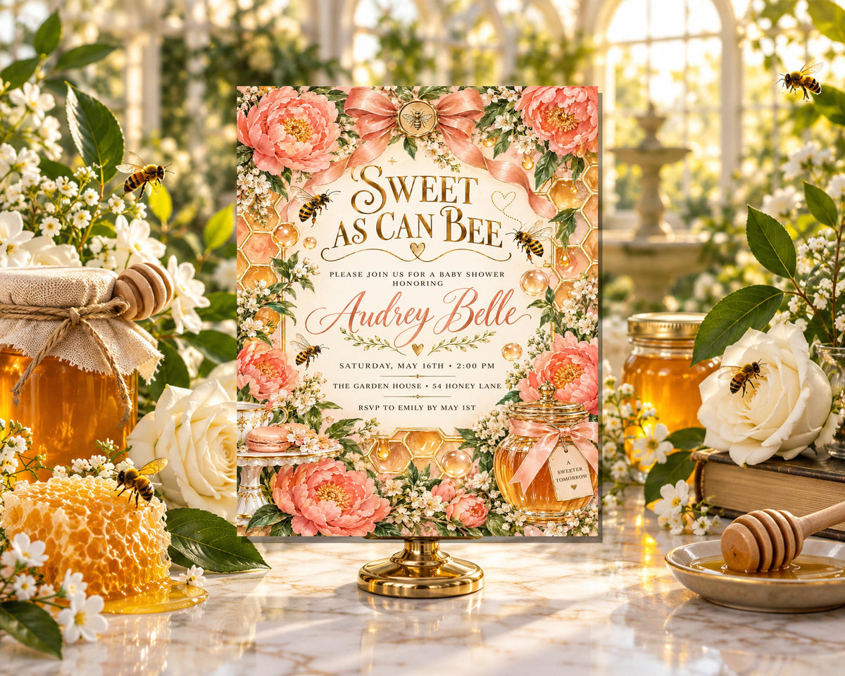 a floral-themed baby shower invitation for a baby named Audrey Belle, with honey jars and flowers surrounding the sign.
