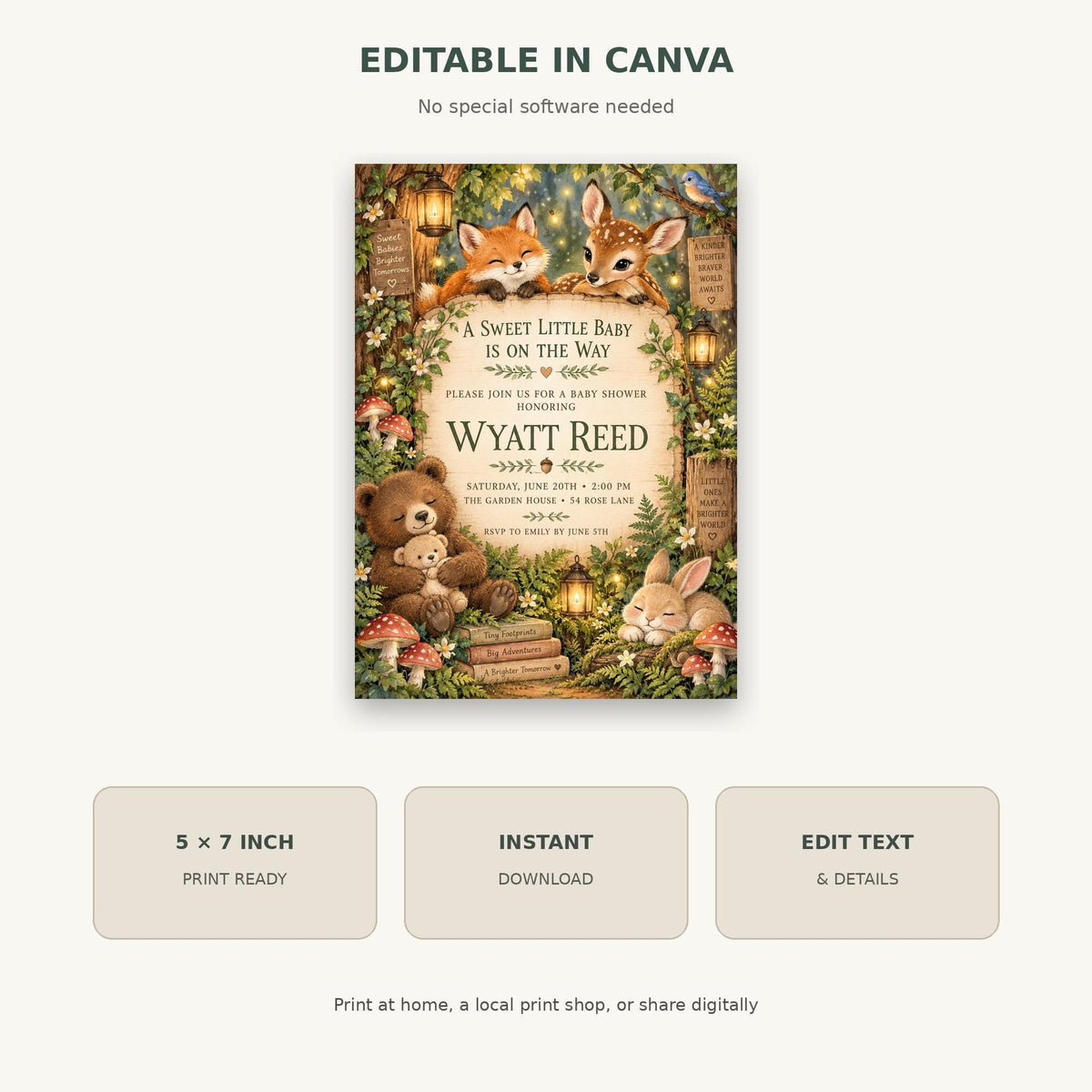 A digital invitation featuring a forest scene with a baby and woodland animals, along with text and instructions for the event.