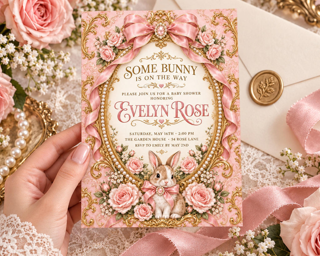 A hand holding a pink and gold invitation card with a rabbit and flowers, surrounded by pink roses and lace.