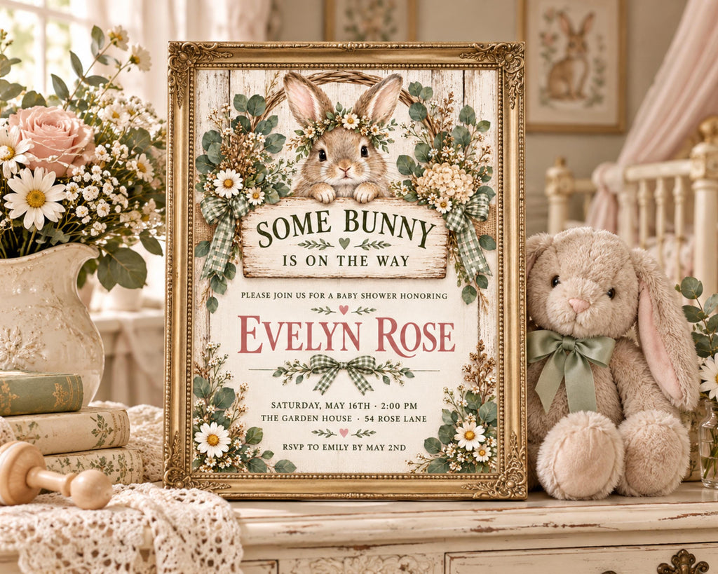 a framed baby shower invitation for a baby named Evelyn Rose, with a bunny illustration and floral decorations. The invitation is placed on a wooden shelf, surrounded by a vase of flowers, a stuffed bunny, and other decorative items.