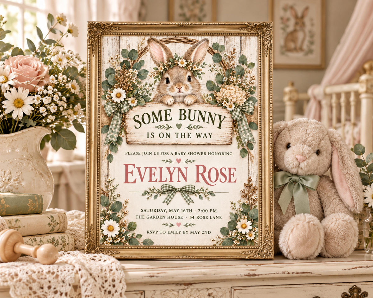 a framed baby shower invitation for a baby named Evelyn Rose, with a bunny illustration and floral decorations. The invitation is placed on a wooden shelf, surrounded by a vase of flowers, a stuffed bunny, and other decorative items.