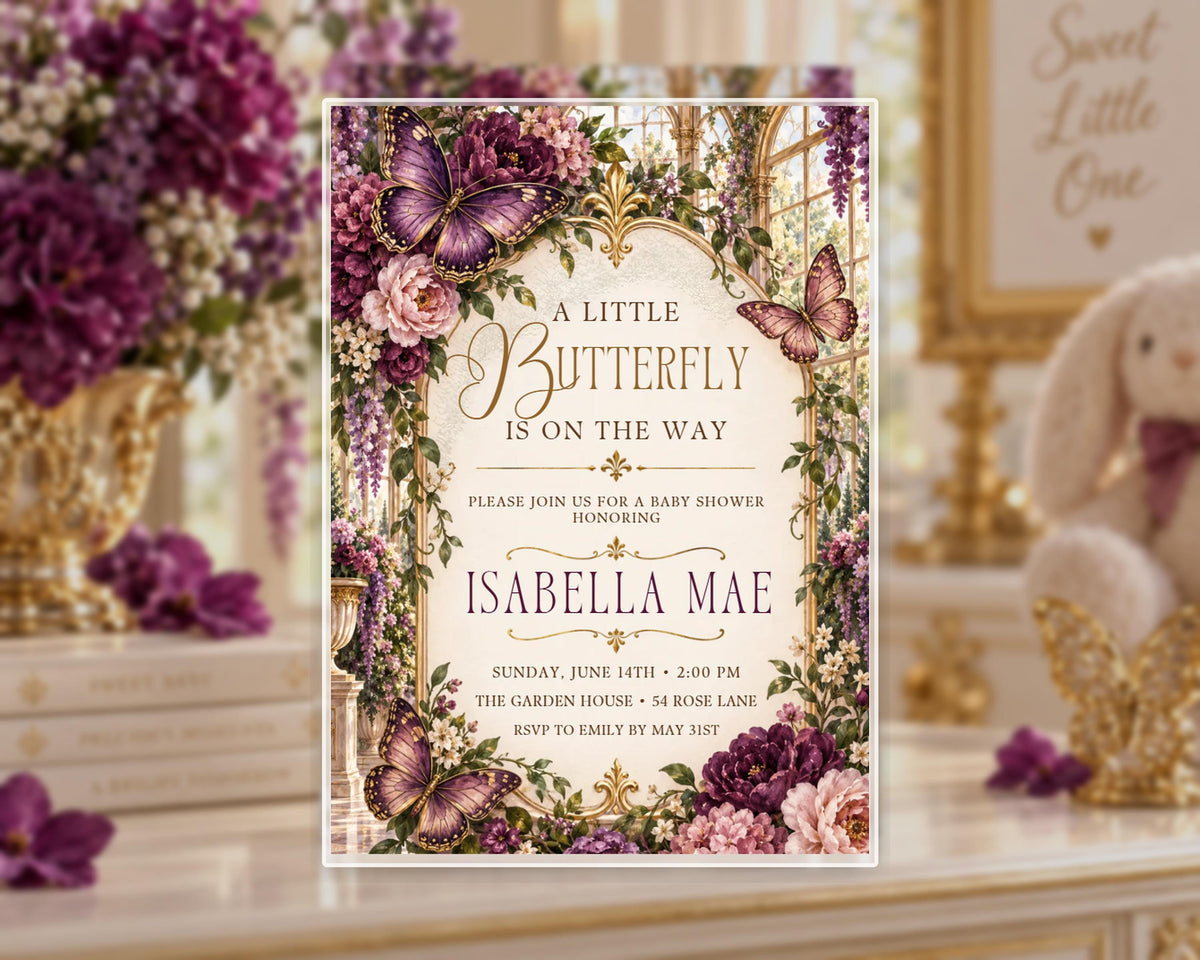 A floral-themed baby shower invitation for a baby shower named "Isabella Mae" with a butterfly design, featuring purple and pink flowers, and a teddy bear in the background.